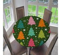 Chickwin Xmas Round Fitted Tablecloth Elastic Edged Christmas Tree Print Tablecloth Polyester Wipeable Antifouling Outdoor Garden Kitchen Table Cover (Style J,For Circular Table 100-110 cm)