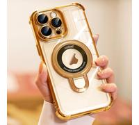 CHICLADY for iPhone 15 Pro Max Case with Integrated Lens Protection, [Foldable Stand & Ring Holder] [Compatible with Magsafe], Glossy Shockproof Bumper Stylish Women Case for iPhone 15 Pro Max, Gold