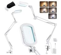 CHICLEW 10X Rectangle Magnifying Glass Lamp, 3 Arms Clamp for Hobby & Craft | 5.5x3.3in real glass lens,5 colors & dimmable,3-arm stable clamp design, anti-scratch clamp, adapter & 1.8m cord included