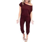 Chiclify Jumpsuit, Off-Shoulder Jogger Jumpsuits for Women Soft Stretchy Elastic Waist Jumpsuit with Pockets (Wine Red,L)