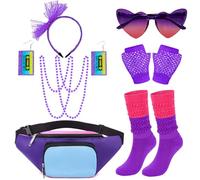 Chiclinco 80s Costume Accessories Kits, Neon Fanny Pack Headband Slouch Socks Cassette Tape Earrings Fishnet Gloves Necklace, Purple Pink, One Size