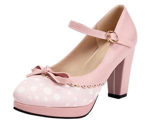 CHICMARK Mary Jane Cone Heel Court Shoes | Polka Dot with Bowknot, Colour-Blocking, Adjustable Backstrap, 8.5cm Heel + 1.5cm Platform for Parties and Dates Pink