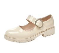 CHICMARK Mary Jane Shoes | 3cm Low Heel & Round Toe | Patent Leather Pumps for Women | Ankle Strap for a Secure Fit Beige