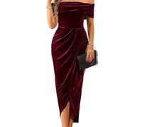 CHICMARK Women's Vintage Off-The-Shoulder Lantern Sleeve Dress - High-Waist with Side Slit for Dinners Weddings Dates Dark Red