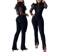 CHICME BEST SHOPPING DEALS Women's Lace Sequins Jumpsuit Elegant Long Sleeve Sheer Mesh See Through Overalls Casual Jumpsuits, A-black, Small