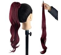 Chicmoi Extainson 32 Inch Flexible Ponytail Wrap Around Ponytail Long Wavy Ponytail Hair Extensions Wine Red Synthetic Hairpieces for Women and Ni