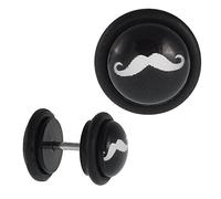 CHICNET Fake Piercing Plug Black with White Moustache Rubber Ring 7mm Stainless Steel