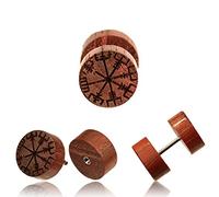 CHICNET® Fake Wooden Plug Vegvisir Plug Piercing Stainless Steel Wood Engraving Viking Compass Unisex Wooden Plugs for Men Women Rune Viking Stud Earrings Women Men, Wood, Without Stone