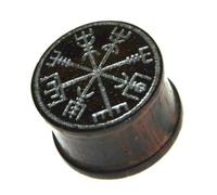 CHICNET Flesh Wood Plug Viking Compass Vegvisir with Runes, Ribbed Expander Stretcher Nordic Brown Ear Piercing with Laser Engraving Silver 10 mm - 14 mm, Wood