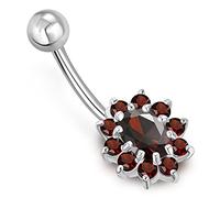 CHICNET Glitter Navel Piercing Victorian 925 Sterling Silver Oval Flower Banana Stainless Steel 316L Cubic Zirconia Faceted Bar 10 mm x 1.6 mm