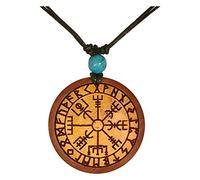 CHICNET Wooden Necklace Turquoise Wood Pendant Round Red-Brown Adjustable Necklace Chain Celtic Viking Nordic Ethnic Viking Compass Vegvisir