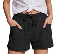 Chicpant Womens Cotton Linen Shorts Summer Lounge Gym Shorts for Women Drawstring with Pockets Elastic Waist Beach Walking Sport Short for Women Black
