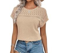 Chicrise Blouse Women's Elegant Short Sleeve Lace Tops Crochet Crew Neck T-Shirt Summer, beige, L