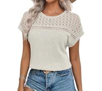 Chicrise Blouse Women's Elegant Short Sleeve Lace Tops Crochet Crew Neck T-Shirt Summer, ivory, M