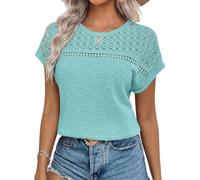 Chicrise Blouse Women's Elegant Short Sleeve Lace Tops Crochet Crew Neck T-Shirt Summer, turquoise, L