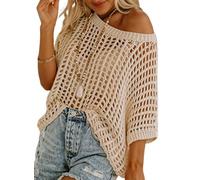Chicrise Crochet Pullover Women's Off Shoulder Crew Neck Knitted Jumper Oversize Hook Needle Cover Up Mesh Top Lechit Casual, apricot, L