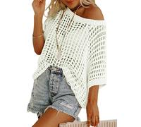 Chicrise Crochet Pullover Women's Off Shoulder Crew Neck Knitted Jumper Oversize Hook Needle Cover Up Mesh Top Lechit Casual, White, XL