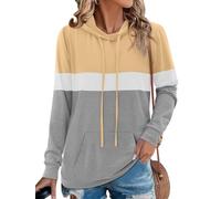 Chicrise Hoodies For Women Crew Neck Colour Block Long Sleeve Sweatshirt Casual With Drawstring Women Tops With Pocket Apricot Grey Large 16-18 L