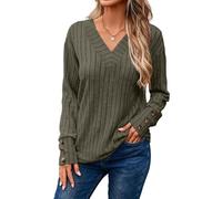Chicrise Jumpers Women V Neck Long Sleeve Tops Knit Stripe Sweatshirt Button Decorative Elegant Green Medium 12-14