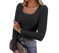 Chicrise Ladies Blouses Long Sleeve U Neck Sweatshirts Lightweight Skims Slim Fit Plain T-Shirts Black Means 12-14