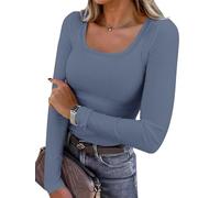 Chicrise Ladies Blouses Long Sleeve U Neck Sweatshirts Lightweight Skims Slim Fit Plain T-Shirts Greyblue Means 12-14