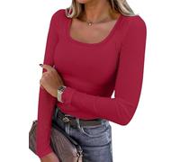 Chicrise Ladies Blouses Long Sleeve U Neck Sweatshirts Lightweight Skims Slim Fit Plain T-Shirts Red Means 12-14