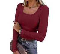 Chicrise Ladies Blouses Long Sleeve U Neck Sweatshirts Lightweight Skims Slim Fit Plain T-Shirts WineRed Means 12-14