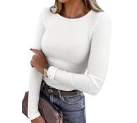 Chicrise Long Sleeve T Shirts Women Crew Neck Basic Sweatshirts Slim Skims Ribbed Knitted Casual Classic Top White Means 12-14