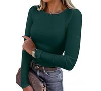 Chicrise Long Sleeve T Shirts Women Crew Neck Basic Sweatshirts Slim Skims Ribbed Knitted Casual Classic Top DarkGreen Means 12-14