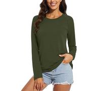 Chicrise Long Sleeve Tops Women Autumn Round Neck Lightweight Sweatshirts Solid Color T-Shirts Comfortable Army Green Means 12-14