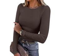 Chicrise Long Sleeve Tops Women Round Neck Basic Slim Fit Knitted Sweatshirts Lightweight Plain Crop Tshirts Brown Means 12-14