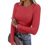 Chicrise Long Sleeve Tops Women Round Neck Basic Slim Fit Knitted Sweatshirts Lightweight Plain Crop Tshirts Red Means 12-14