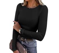 Chicrise Long Sleeve Tops Women Round Neck Basic Slim Fit Knitted Sweatshirts Lightweight Plain Crop Tshirts Black Means 12-14