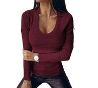 Chicrise Long Sleeve Tops Women V Neck Sexy Blouses Lightweight Slim Fit Ribbed Plain Blouses Simple WineRed 2X Large 24-26