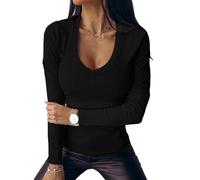 Chicrise Long Sleeve Tops Women V Neck Sexy Blouses Lightweight Slim Fit Ribbed Plain Blouses Simple Black 2X Large 24-26
