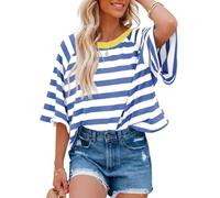 Chicrise Oversized T Shirts for Women Summer Striped Color Block Tops Crew Neck Short Sleeve Loose Casual Blouses Light-Blue White Small 34-36