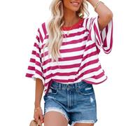 Chicrise Oversized T Shirts for Women Summer Striped Color Block Tops Crew Neck Short Sleeve Loose Casual Blouses Pink White Small 34-36