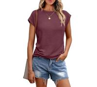 Chicrise Shirts for Women UK Crew Neck Casual Plain Tank Tops Cap Sleeves Basic Solid Color T-Shirt Burgundy Means 12-14