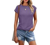 Chicrise Shirts for Women UK Crew Neck Casual Plain Tank Tops Cap Sleeves Basic Solid Color T-Shirt Purple Means 38-40
