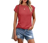 Chicrise Shirts for Women UK Crew Neck Casual Plain Tank Tops Cap Sleeves Basic Solid Color T-Shirt Red Means 38-40