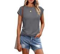 Chicrise Shirts for Women UK Crew Neck Casual Plain Tank Tops Cap Sleeves Basic Solid Color T-Shirt Grey Means 38-40
