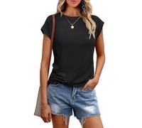 Chicrise Shirts for Women UK Crew Neck Casual Plain Tank Tops Cap Sleeves Basic Solid Color T-Shirt Black Means 12-14