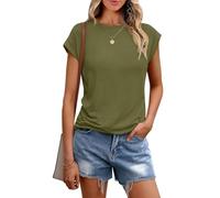 Chicrise Shirts for Women UK Crew Neck Casual Plain Tank Tops Cap Sleeves Basic Solid Color T-Shirt Army Green Means 38-40