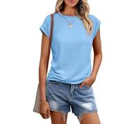 Chicrise Shirts for Women UK Crew Neck Casual Plain Tank Tops Cap Sleeves Basic Solid Color T-Shirt Azure Blue Means 38-40