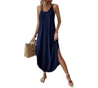 Chicrise Summer Dress Women's Spaghetti Strap Long Summer Sleeveless Maxi Dress V Neck Strappy Dress, darkblue, M