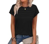 Chicrise Summer Tops for Women UK Short Sleeve T Shirt Pleated Crew Neck Casual Plain Loose Blouse Black Means 12-14