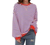 Chicrise Sweatshirt Women's Oversized Striped Colour Block Long Sleeve Shirt Knitted Round Neck Tops Loose, Orange/purple stripes, L