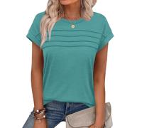 Chicrise T Shirts for Women UK Summer Round Neck Cap Sleeve Tops Batwing Pleated Basic Casual Tunic Turquoise Green Means 12-14