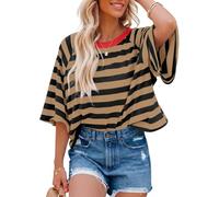 Chicrise Tshirts Women Short Sleeve Stripe Color Block Ladies Tops Crewneck Half Sleeve Oversize Casual Comfort Tunic Brown Black X Large 46-48