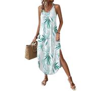 Chicrise Women Dresses Summer V-Neck Maxi Dress Sleeveless Loose Long Beach Sundress Split Casual Bamboo Leaf Small 8-10